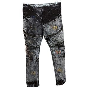M888)Vintage Americana Paint, Splatter Distressed Black White Yellow Jeans 38/34